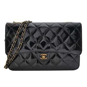 Chanel Patent Goatskin Quilted CC Eyelet Wallet On Chain WOC Black